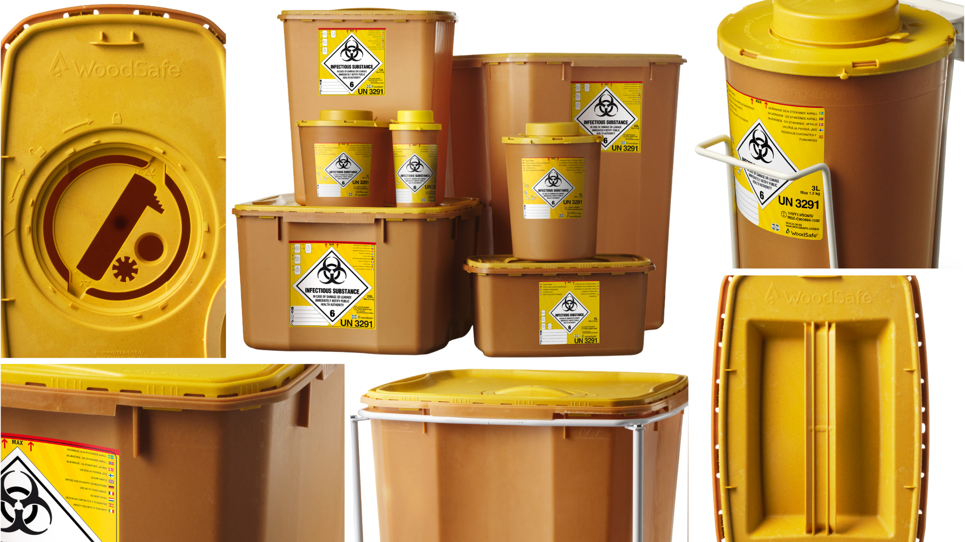 WoodSafe Products — Available in sizes ranging from 0.5L to 50L, with accessories compatible with WoodSafe Containers